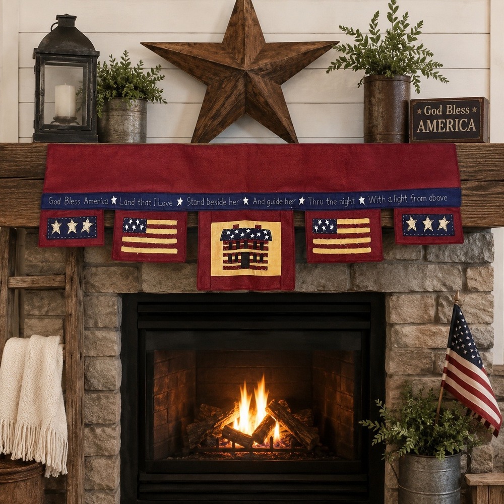 RARE* 4th of July Patriotic Quilted Country Americana Mantel Art God Bless USA